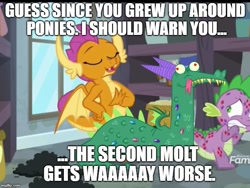 Size: 666x500 | Tagged: safe, edit, edited screencap, screencap, character:crackle, character:smolder, character:spike, species:dragon, episode:molt down, g4, my little pony: friendship is magic, dragoness, female, image macro, male, meme, stone scales, tongue out