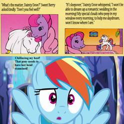 Size: 528x530 | Tagged: safe, edit, edited screencap, screencap, character:rainbow dash, comic:sleep-over at sweet-berry's, episode:every little thing she does, g2, g4, my little pony: friendship is magic, carpet, comic, cropped, dainty dove (g2), implied sweet berry (g2), insanity, picture, text, twilight's castle, wedding veil