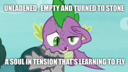 Size: 1920x1080 | Tagged: safe, edit, edited screencap, screencap, character:spike, species:dragon, episode:molt down, g4, my little pony: friendship is magic, flying, learning to fly, looking at you, lyrics, meme, pink floyd, salute, song reference, stone, text, turned to stone, winged spike, wings