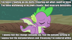 Size: 1920x1080 | Tagged: safe, edit, edited screencap, screencap, character:spike, species:dragon, episode:molt down, g4, my little pony: friendship is magic, crater, forty six & 2, image macro, lyrics, male, meme, solo, song reference, text, tool (band), winged spike