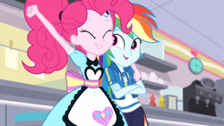 Size: 1920x1080 | Tagged: safe, edit, edited screencap, screencap, character:pinkie pie, character:rainbow dash, episode:pinkie pie: snack psychic, g4, my little pony: equestria girls, my little pony:equestria girls, apron, clock, clothing, condiments, crossed arms, cute, dashabetes, diapinkes, geode of super speed, happy, huggable, magical geodes, server pinkie pie, shipping fuel, sweet snacks cafe