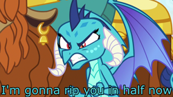 Size: 1280x720 | Tagged: safe, edit, edited screencap, screencap, character:prince rutherford, character:princess ember, species:dragon, species:yak, episode:school daze, g4, my little pony: friendship is magic, angry, clenched fist, deadpool 2, furious, gritted teeth, i'll show you unpredictable, image macro, juggernaut, meme, offended