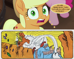 Size: 660x528 | Tagged: safe, edit, edited screencap, screencap, character:applejack, character:applejack (g1), character:pinkie pie, species:earth pony, species:human, species:pony, comic:applejack's amazing adventure, comic:my little pony (g1), g1, g4, my little pony: the movie (2017), beware the nice ones, chasm, cropped, dialogue, falling, female, gem, imminent death, implied verko, jewel wizard, male, mare, mythology gag, slavery, solo focus, speech bubble, text, wizard