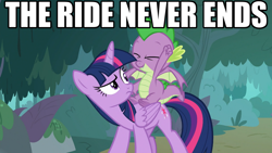 Size: 1024x576 | Tagged: safe, edit, edited screencap, screencap, character:spike, character:twilight sparkle, character:twilight sparkle (alicorn), species:alicorn, species:dragon, species:pony, episode:molt down, g4, my little pony: friendship is magic, dragons riding ponies, duo, female, image macro, male, mare, meme, riding, text, the ride never ends, winged spike, wings