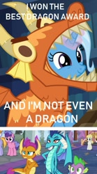 Size: 840x1507 | Tagged: safe, edit, edited screencap, screencap, character:princess ember, character:smolder, character:spike, character:trixie, species:dragon, species:pony, species:unicorn, episode:school daze, episode:uncommon bond, g4, my little pony: friendship is magic, best dragon, board game, dragon costume, dragon pit, dragoness, female, glowing horn, mare, unamused