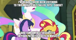 Size: 1236x655 | Tagged: safe, edit, edited screencap, screencap, character:princess celestia, character:sunset shimmer, character:twilight sparkle, character:twilight sparkle (alicorn), species:alicorn, species:pony, equestria girls:forgotten friendship, g4, my little pony: equestria girls, my little pony:equestria girls, bts, dialogue, image macro, meme, obtrusive text, op is trying to be funny, op is trying too hard, op wants attention