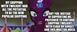 Size: 1194x499 | Tagged: safe, edit, edited screencap, screencap, character:tempest shadow, my little pony: the movie (2017), female, image macro, implied flash sentry, implied flashlight, implied lesbian, implied shipping, implied straight, implied sunset shimmer, implied sunsetsparkle, implied tempestlight, implied twilight sparkle, meme, op is a duck, op is trying to start shit, solo