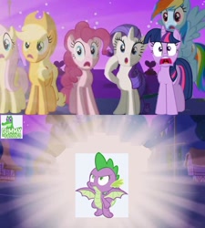 Size: 846x941 | Tagged: safe, edit, edited screencap, screencap, character:applejack, character:fluttershy, character:pinkie pie, character:rainbow dash, character:rarity, character:spike, character:twilight sparkle, episode:magical mystery cure, episode:molt down, g4, my little pony: friendship is magic, 1000 years in photoshop, alicorn flash, exploitable meme, mane seven, mane six, meme, needs more jpeg, spanish, winged spike