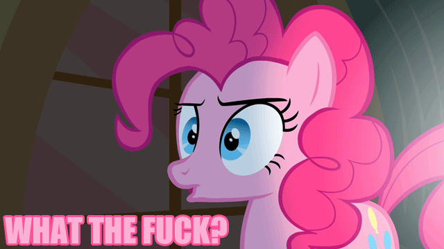 Size: 640x360 | Tagged: safe, edit, edited screencap, screencap, character:pinkie pie, species:earth pony, species:pony, episode:party of one, g4, my little pony: friendship is magic, :o, animated, blinking, confused, female, frown, gif, mare, open mouth, reaction image, solo, vulgar, wide eyes, wtf