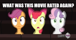 Size: 1387x743 | Tagged: safe, edit, edited screencap, screencap, character:apple bloom, character:scootaloo, character:sweetie belle, species:earth pony, species:pegasus, species:pony, species:unicorn, episode:one bad apple, g4, my little pony: friendship is magic, cannot unsee, caption, cutie mark crusaders, female, hub logo, image macro, meme, movie, shocked