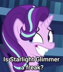 Size: 1575x1802 | Tagged: safe, edit, edited screencap, screencap, character:starlight glimmer, species:pony, species:unicorn, episode:the crystalling, g4, my little pony: friendship is magic, are equestrian ponies equine?, cropped, faec, freak, image macro, meme, meme origin, nervous, question, sweat, text, xenos