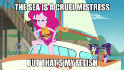 Size: 1080x608 | Tagged: safe, edit, edited screencap, screencap, character:pinkie pie, character:rarity, character:twilight sparkle, character:twilight sparkle (scitwi), species:eqg human, episode:the salty sails, g4, my little pony: equestria girls, my little pony:equestria girls, clothing, dialogue, image macro, meme, ocean, pose, sailing, ship, swimsuit
