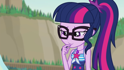 Size: 1920x1080 | Tagged: safe, edit, edited screencap, screencap, character:twilight sparkle, character:twilight sparkle (scitwi), species:eqg human, episode:friendship math, g4, my little pony: equestria girls, my little pony:equestria girls, :3, beach, clothing, cute, female, inverted mouth, she knows, solo, swimsuit, thinking