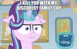 Size: 779x500 | Tagged: safe, edit, edited screencap, screencap, character:starlight glimmer, species:pony, species:unicorn, episode:marks for effort, g4, my little pony: friendship is magic, :i, caption, coincidence, discovery family, discovery family logo, faec, female, floppy ears, glowing horn, i mean i see, image macro, magic, mare, meme, mug, riddick, solo, telekinesis, the chronicles of riddick