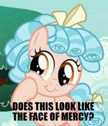 Size: 878x1024 | Tagged: safe, edit, edited screencap, screencap, character:cozy glow, episode:marks for effort, g4, my little pony: friendship is magic, cozy glow is best facemaker, cozybetes, cropped, cute, face of mercy, female, filly, hilarious in hindsight, pure concentrated unfiltered evil of the utmost potency, pure unfiltered evil, solo, text
