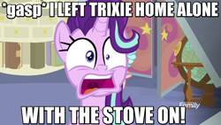 Size: 1280x720 | Tagged: safe, edit, edited screencap, screencap, character:starlight glimmer, episode:marks for effort, g4, my little pony: friendship is magic, dialogue, discovery family logo, faec, image macro, implied trixie, meme, panic, this will end in fire, this will end in tears and/or death