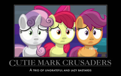 Size: 659x416 | Tagged: safe, edit, edited screencap, screencap, character:apple bloom, character:scootaloo, character:sweetie belle, species:pegasus, species:pony, episode:marks for effort, g4, my little pony: friendship is magic, abuse, applebuse, caption, cutie mark crusaders, demotivation, demotivational poster, discovery family logo, downvote bait, meme, op is a duck, op is trying to start shit, op is wrong, scootabuse, spotlight, sweetiebuse, vulgar