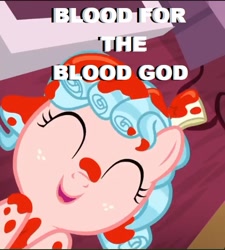 Size: 531x589 | Tagged: safe, edit, edited screencap, screencap, character:cozy glow, episode:marks for effort, g4, my little pony: friendship is magic, blood for the blood god, chaos, cozybetes, cropped, cute, eyes closed, female, filly, funny, funny as hell, image macro, implied blood, khorne, meme, paint, smiling, solo, text, warhammer (game), warhammer 40k
