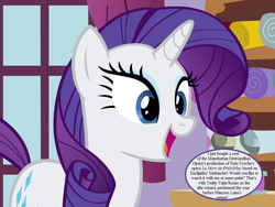 Size: 960x720 | Tagged: safe, edit, edited screencap, screencap, character:rarity, episode:maud pie, g4, my little pony: friendship is magic, bronybait, carousel boutique, cropped, cute, dialogue, implied oc, opera, raribetes, speech bubble, text