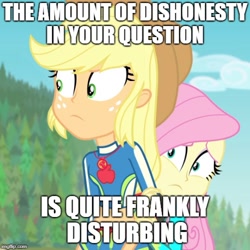 Size: 500x500 | Tagged: safe, edit, edited screencap, screencap, character:applejack, character:fluttershy, equestria girls:forgotten friendship, g4, my little pony: equestria girls, my little pony:equestria girls, clothing, cowering, cropped, dialogue, duo, female, image macro, meme, swimsuit, wetsuit