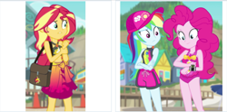 Size: 1747x870 | Tagged: safe, edit, screencap, character:sunset shimmer, derpibooru, equestria girls:forgotten friendship, g4, my little pony: equestria girls, my little pony:equestria girls, belly button, ben 10, clothing, cropped, female, juxtaposition, meta, omnitrix, saddle bag, solo, swimsuit