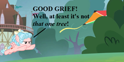 Size: 756x378 | Tagged: safe, edit, edited screencap, screencap, character:cozy glow, episode:marks for effort, g4, my little pony: friendship is magic, bush, charlie brown, cozy glow is not amused, cropped, female, filly, foal, kite, peanuts, text, town hall