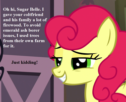 Size: 864x702 | Tagged: safe, edit, edited screencap, screencap, character:strawberry sunrise, episode:honest apple, g4, my little pony: friendship is magic, cropped, implied big macintosh, implied sugar belle, implied sugarmac, smiling, teasing, text, that pony sure does hate apples