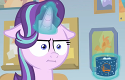 Size: 859x551 | Tagged: safe, edit, edited screencap, screencap, character:starlight glimmer, species:pony, species:unicorn, episode:marks for effort, g4, my little pony: friendship is magic, :i, basketball, empathy cocoa, faec, female, floppy ears, glowing horn, golden state warriors, i mean i see, magic, nba, nba finals, solo, telekinesis, unamused
