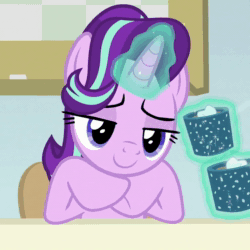 Size: 720x720 | Tagged: safe, edit, screencap, character:starlight glimmer, species:pony, species:unicorn, episode:marks for effort, g4, my little pony: friendship is magic, animated, calm, chocolate, cropped, cup, drinking, empathy cocoa, female, floppy ears, food, grin, guidance counselor, hot chocolate, i mean i see, marshmallow, smiling, solo, sound, stare, starlight's office, webm