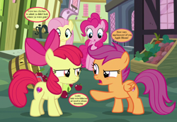 Size: 1044x720 | Tagged: safe, edit, edited screencap, screencap, character:apple bloom, character:fluttershy, character:pinkie pie, character:scootaloo, species:pegasus, species:pony, episode:marks for effort, g4, my little pony: friendship is magic, apple, bow, carrot, cropped, dialogue, food, hair bow, lettuce, ponyville, pun, scootachicken, speech bubble, text
