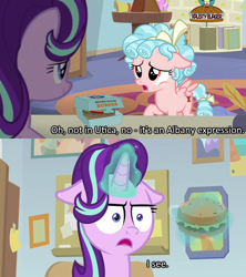 Size: 640x720 | Tagged: safe, edit, edited screencap, screencap, character:cozy glow, character:starlight glimmer, species:pony, episode:marks for effort, g4, my little pony: friendship is magic, burger, caption, crossing the memes, female, filly, floppy ears, food, hamburger, i mean i see, mare, meme, ponies eating meat, simpsons did it, steamed hams, the simpsons