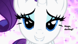 Size: 1280x720 | Tagged: safe, edit, edited screencap, screencap, character:rarity, species:pony, species:unicorn, episode:secret of my excess, g4, my little pony: friendship is magic, bedroom eyes, bronybait, cute, darling, female, half-closed eyes, hug, lip bite, looking at you, mare, raribetes, season 2, smiling, solo, sparkly background, text
