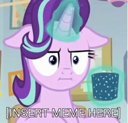 Size: 1024x986 | Tagged: safe, edit, edited screencap, screencap, character:starlight glimmer, episode:marks for effort, g4, my little pony: friendship is magic, :i, cropped, cup, empathy cocoa, female, floppy ears, glowing horn, i mean i see, image macro, magic, meme, needs more jpeg, solo, telekinesis