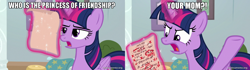 Size: 1600x450 | Tagged: safe, edit, edited screencap, screencap, character:twilight sparkle, character:twilight sparkle (alicorn), species:alicorn, species:pony, episode:marks for effort, g4, my little pony: friendship is magic, angry, female, glowing horn, image macro, magic, mare, meh, meme, paper, picture, pillow, raised hoof, reading, solo, telekinesis, test, your mom