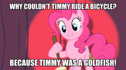 Size: 600x337 | Tagged: safe, edit, edited screencap, screencap, character:pinkie pie, episode:baby cakes, g4, my little pony: friendship is magic, dialogue, female, image macro, meme, solo