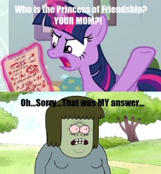 Size: 632x684 | Tagged: safe, edit, edited screencap, screencap, character:twilight sparkle, character:twilight sparkle (alicorn), species:alicorn, species:pony, episode:marks for effort, g4, my little pony: friendship is magic, angry, muscle man, paper, regular show, your mom