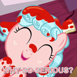 Size: 690x690 | Tagged: safe, edit, edited screencap, screencap, character:cozy glow, species:pony, episode:marks for effort, g4, my little pony: friendship is magic, cozybetes, cropped, cute, eyes closed, female, filly, image macro, implied blood, meme, smiling, solo, text, the joker