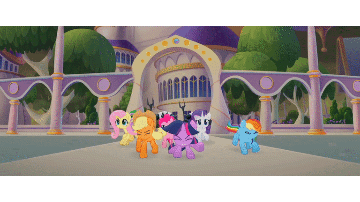 Size: 360x202 | Tagged: safe, edit, edited screencap, screencap, character:applejack, character:fluttershy, character:pinkie pie, character:rainbow dash, character:rarity, character:spike, character:twilight sparkle, character:twilight sparkle (alicorn), species:alicorn, species:dragon, species:earth pony, species:pegasus, species:pony, species:unicorn, my little pony: the movie (2017), animated, cropped, crossing the memes, floppy ears, mane six, mane six encounter villains, maze game, meme, text