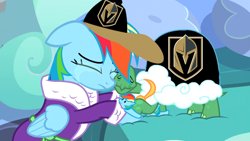 Size: 768x432 | Tagged: safe, edit, edited screencap, screencap, character:rainbow dash, character:tank, episode:tanks for the memories, g4, my little pony: friendship is magic, baseball cap, cap, clothing, crying, hat, hockey, ice hockey, meme, nhl, vegas golden knights