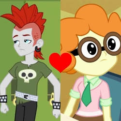 Size: 749x749 | Tagged: safe, edit, edited screencap, screencap, character:scribble dee, equestria girls:equestria girls, g4, my little pony: equestria girls, my little pony:equestria girls, background human, belt, crimson napalm, ear piercing, earring, female, glasses, heart, jewelry, male, mohawk, piercing, scribblenapalm, shipping, shipping domino, straight