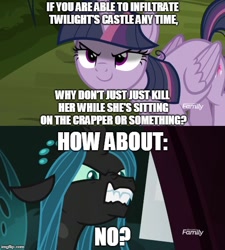 Size: 500x556 | Tagged: safe, edit, edited screencap, screencap, character:mean twilight sparkle, character:queen chrysalis, species:alicorn, species:changeling, species:pony, episode:the mean 6, g4, my little pony: friendship is magic, austin powers, changeling queen, clone, dialogue, discovery family logo, female, former queen chrysalis, image macro, meme