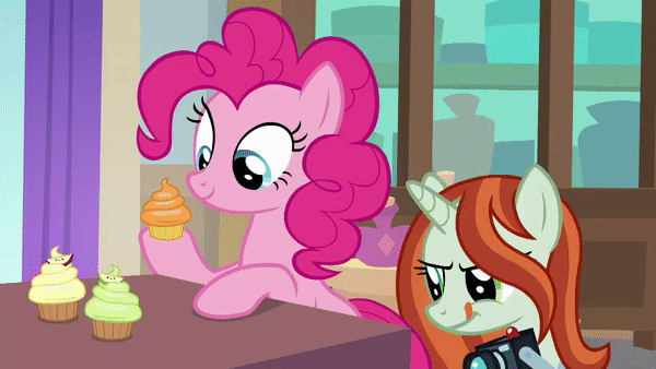 Size: 600x338 | Tagged: safe, edit, edited screencap, screencap, character:crackle cosette, character:pinkie pie, character:queen chrysalis, episode:the mean 6, g4, my little pony: friendship is magic, animated, camera, cupcake, cute, cutealis, disguised changeling, food, gif, reversed, shutterbetes