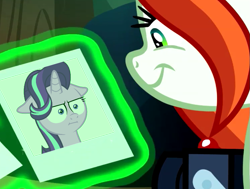 Size: 813x615 | Tagged: safe, edit, edited screencap, screencap, character:crackle cosette, character:queen chrysalis, character:starlight glimmer, episode:marks for effort, episode:the mean 6, g4, my little pony: friendship is magic, camera, chrysalis' picture, cropped, crossing the memes, disguise, disguised changeling, exploitable meme, floppy ears, i mean i see, meme, memeception