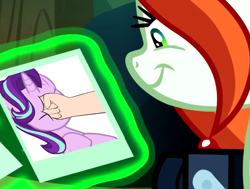 Size: 812x614 | Tagged: safe, edit, edited screencap, screencap, character:crackle cosette, character:queen chrysalis, character:starlight glimmer, species:human, species:pony, species:unicorn, episode:the mean 6, g4, my little pony: friendship is magic, abuse, chrysalis sure does hate starlight, chrysalis' picture, cropped, disguise, disguised changeling, female, glimmerbuse, hand, meme, photo, punch, schadenfreude, smiling, solo