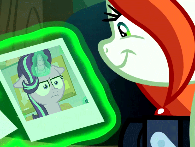 Size: 813x615 | Tagged: safe, edit, edited screencap, screencap, character:crackle cosette, character:queen chrysalis, character:starlight glimmer, episode:marks for effort, episode:the mean 6, g4, my little pony: friendship is magic, animated, camera, chrysalis' picture, cropped, crossing the memes, disguise, disguised changeling, empathy cocoa, exploitable meme, floppy ears, i mean i see, looking at something, loop, meme, memeception, photo, smiling