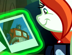 Size: 813x615 | Tagged: safe, edit, edited screencap, screencap, character:crackle cosette, character:queen chrysalis, episode:the mean 6, g4, my little pony: friendship is magic, camera, chrysalis' picture, clash of hasbro's titans, cropped, disguise, disguised changeling, exploitable, optimus prime, transformers