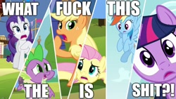 Size: 1280x720 | Tagged: safe, edit, edited screencap, screencap, character:applejack, character:fluttershy, character:rainbow dash, character:rarity, character:spike, character:twilight sparkle, character:twilight sparkle (alicorn), species:alicorn, species:pony, episode:pinkie pride, g4, my little pony: friendship is magic, image macro, meme, reaction image, vulgar, what the fuck is this shit
