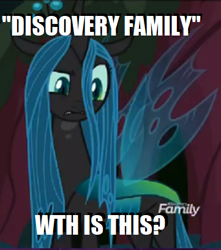 Size: 361x408 | Tagged: safe, edit, edited screencap, screencap, character:queen chrysalis, species:changeling, episode:the mean 6, g4, my little pony: friendship is magic, caption, changeling queen, cropped, discovery family, discovery family logo, female, fourth wall, image macro, meme, meta, solo, what the hell?