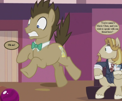 Size: 768x640 | Tagged: safe, edit, edited screencap, screencap, character:doctor whooves, character:jeff letrotski, character:time turner, episode:slice of life, g4, my little pony: friendship is magic, alarmed, bowling alley, bowling ball, clothing, cropped, dialogue, doctor who, implied human, speech bubble, suit, text, the daleks' master plan, uh oh