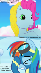 Size: 729x1296 | Tagged: safe, edit, edited screencap, screencap, character:rainbow dash, character:thistle whistle, episode:friends are never far away, episode:parental glideance, g3, g4, my little pony: friendship is magic, clothing, cropped, dialogue, facehoof, g3 to g4, generation leap, goggles, nephophobia, text, that pony sure does fear clouds, uniform, whistling, wonderbolts uniform